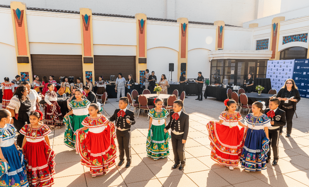 Folklórico dancers greeting sponsors in the outdoor pavilion